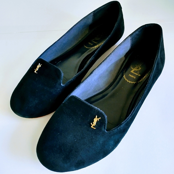 YSL Yves Saint Laurent Black Suede Shoes.(Size 37) Made in Italy. Gold-tone Logo